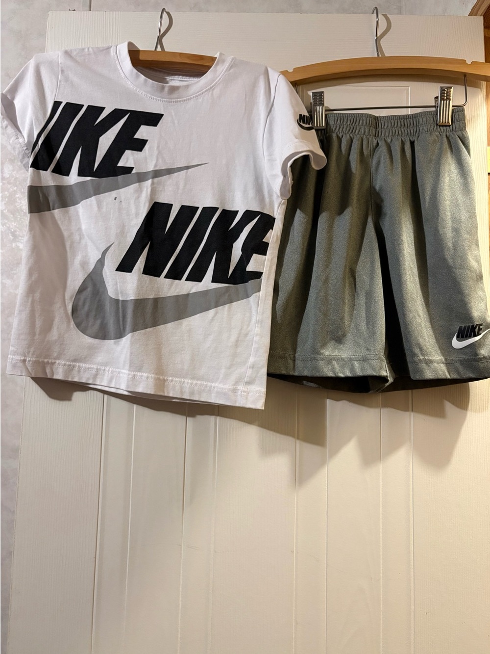 Nike White Graphic Tee with Gray Logo & Gray Athletic Shorts